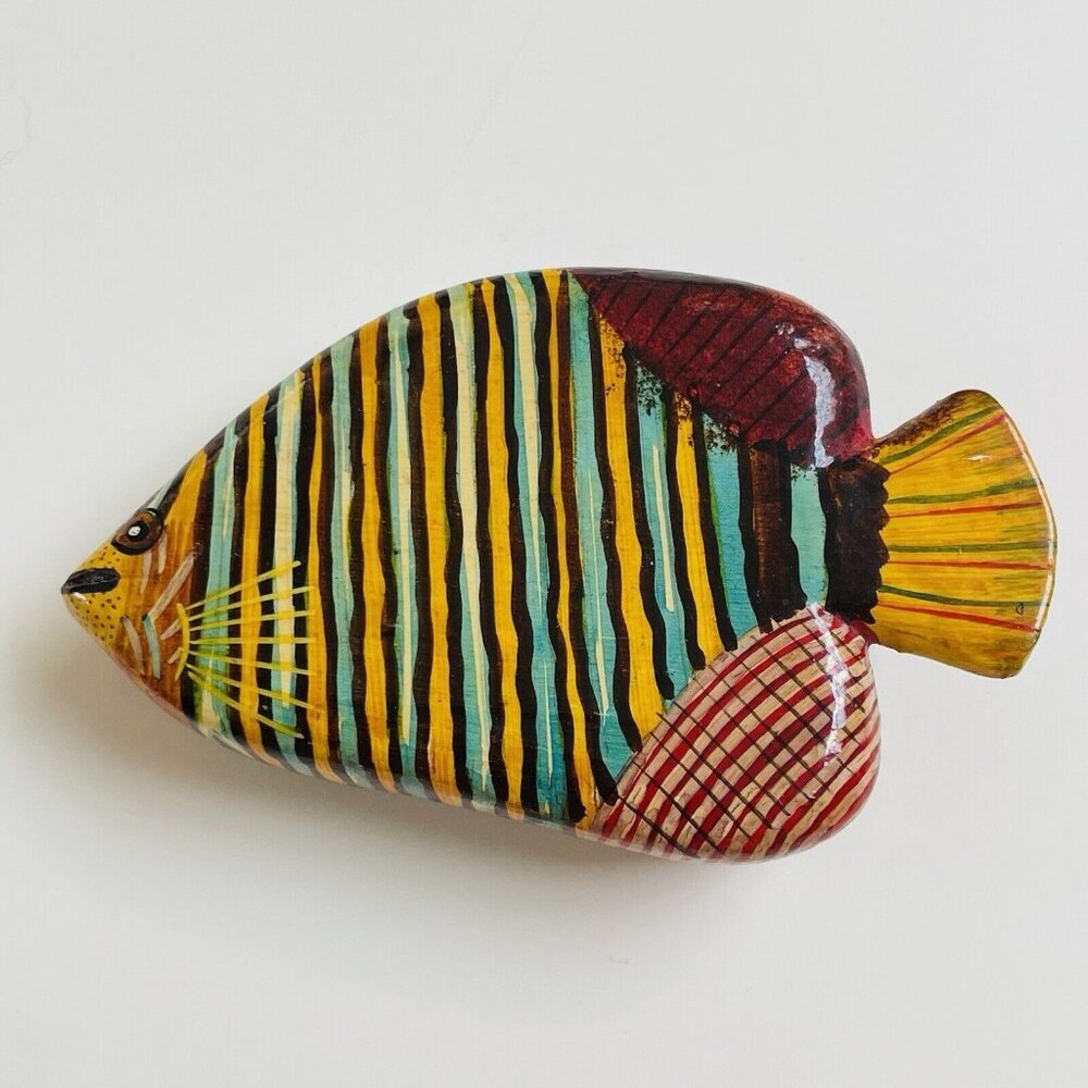 Hand Painted Hand Carved Folk Art Wooden Fish Trinket Box Colorful Home Decor